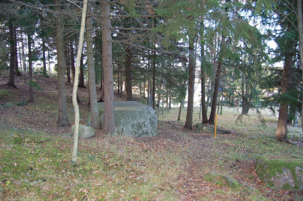 Kuvassa on aukeaa metsää. Keskellä iso harmaa kivi. Oikeassa alareunassa toinen ja oikealla edessä kolmas. Taustalla puita.