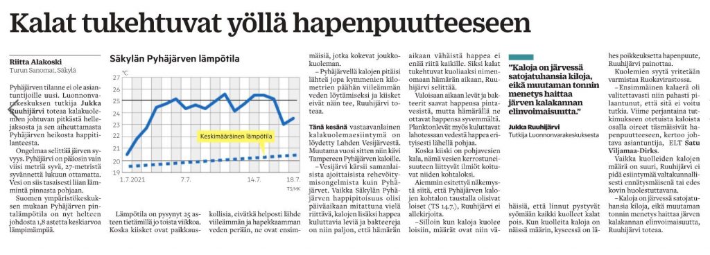 Turun Sanomien juttu "Kalat tukehtuvat yöllä hapenpuutteeseen".