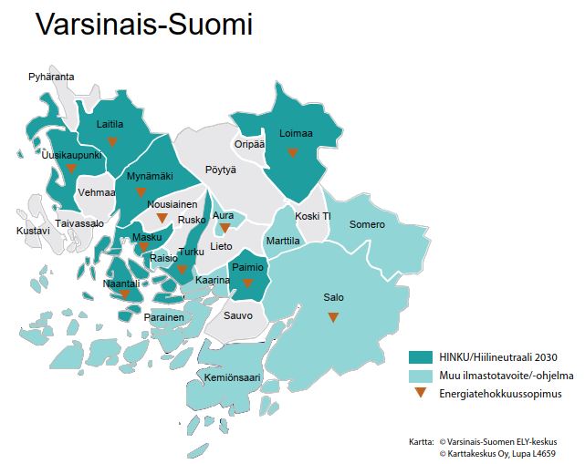 Varsinais-Suomen kuntakartta.