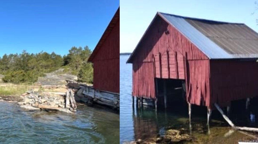 Kivilaiturin pohja ja punaiseksi maalattu venevaja.