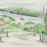 Maisemapiirros kirjasta.