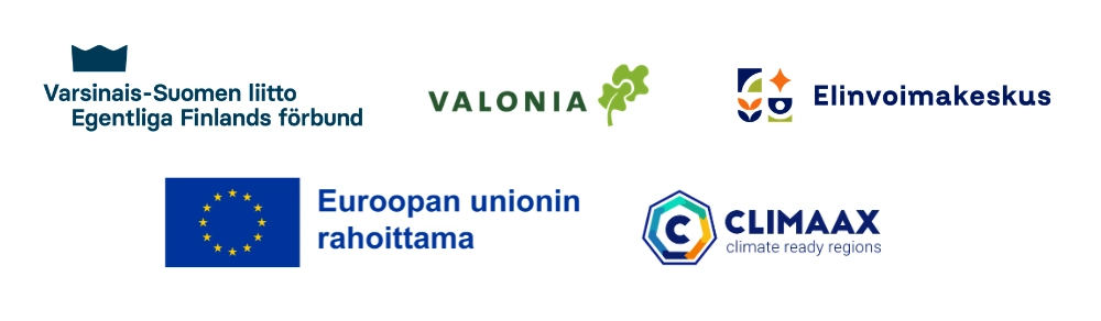Logot: Varsinais-Suomen liitto, Valonia, Elinvoimakeskus, CLIMAAX, EU-lippu, tekstinä: Euroopan unionin rahoittama